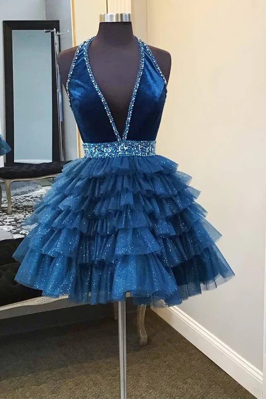 flashy party dressesDingJiDress Homecoming Dress Blue Halter Multi-Layered Tulle Graduation Dresses