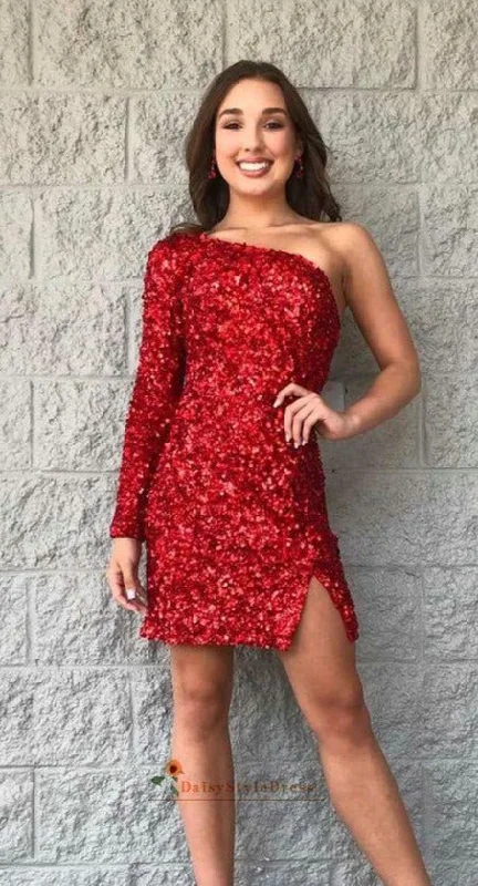 striped party dressesFitted Single Sleeve Red Sequins Homecoming Dress