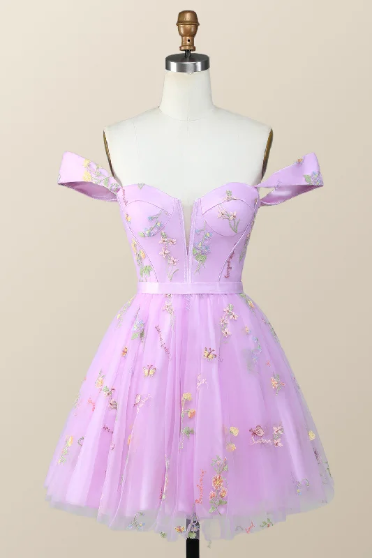 empire waist party dressesOff the Shoulder Lavender Floral Embroidered Short Homecoming Dress