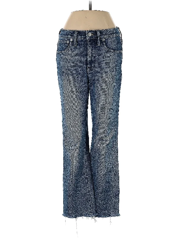 women's denim jeans with raw hemsMid-Rise Bootleg Jeans in Medium Wash