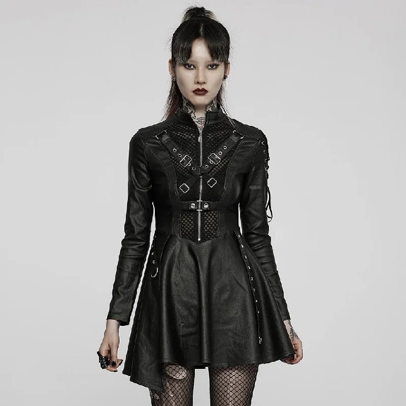 Fitted Long Sleeves Peplum Midi DressWomen's Gothic Punk Front Zip Faux Leather Long Sleeved Dress