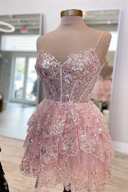 plus-size party dressesPink Straps Sequined Multi-Layers Tulle Homecoming Dress