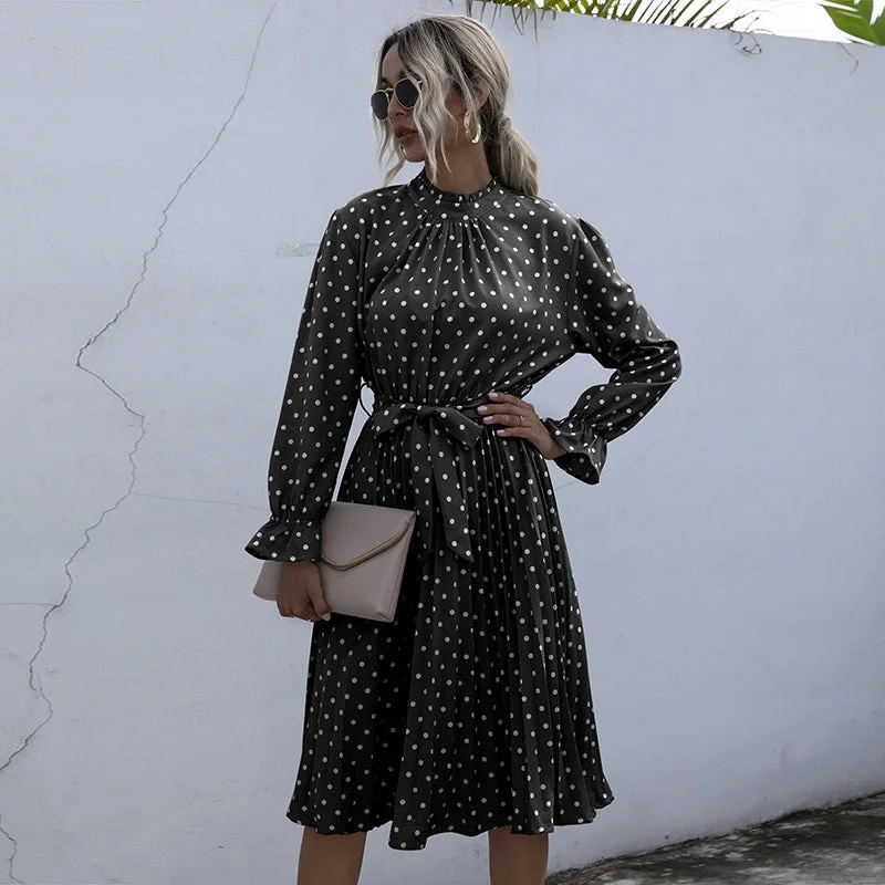 Fashionable Long Sleeves Off-the-Shoulder DressKittenAlarm - Dot Printed High Waist Spring Autumn Dress Women Long Sleeve A-line Pleated Dress Plus Size