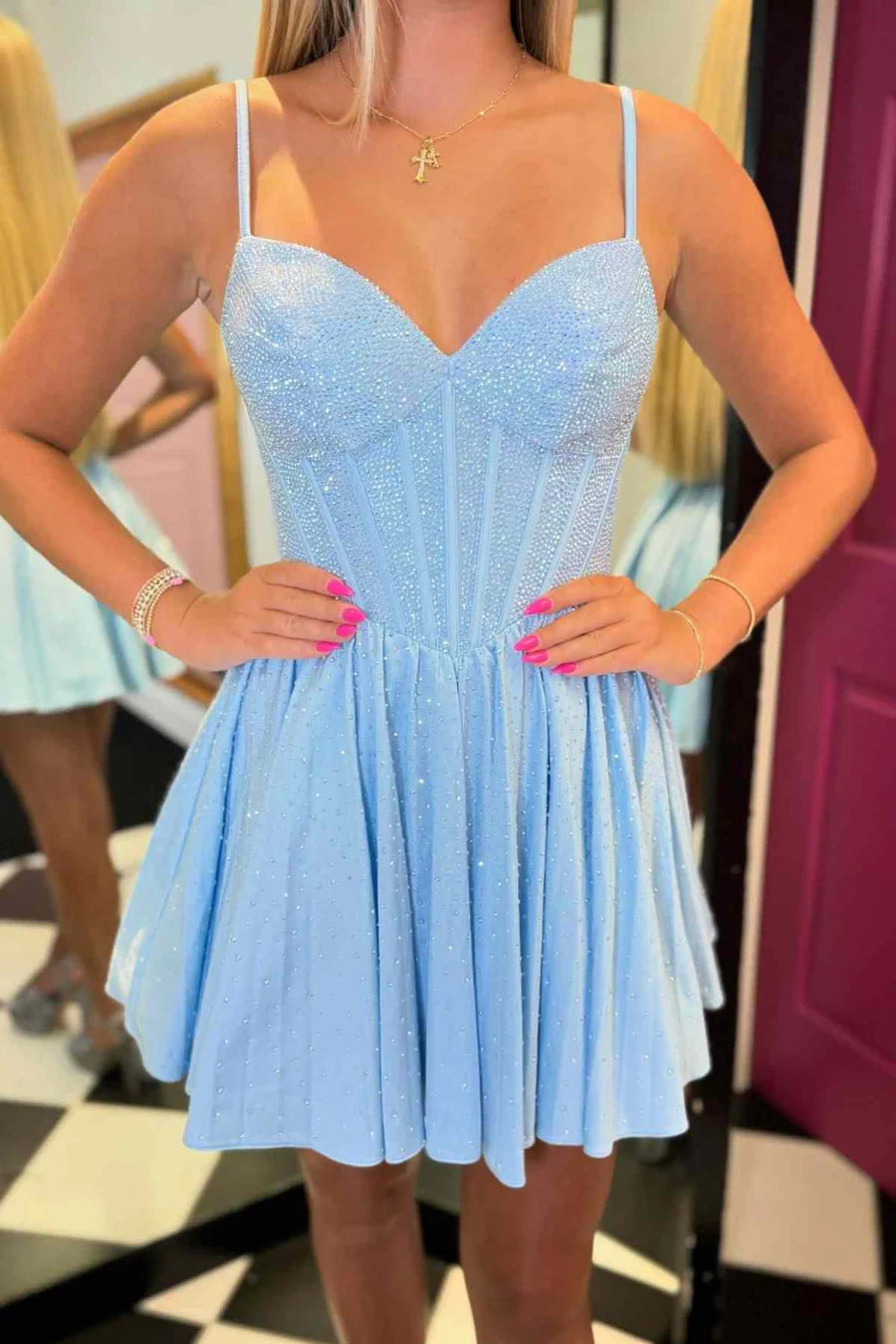 stretchy party dressesDingJiDress A-Line Homecoming Dress Spaghetti Straps Light Blue Beaded