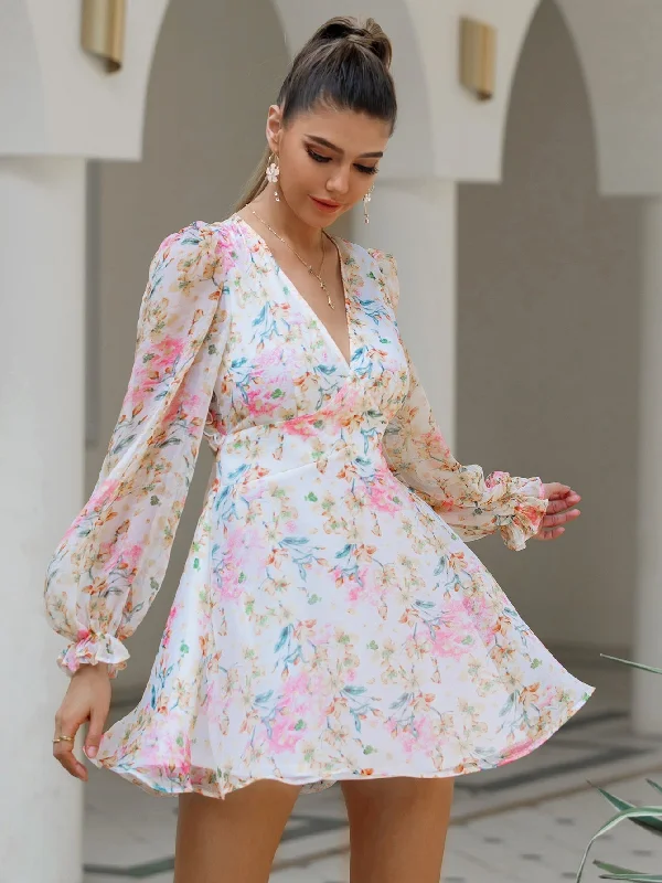 Fabulous Long Sleeves Tiered DressKittenAlarm - Flora Print Chiffon Open Back Long Sleeve Dress