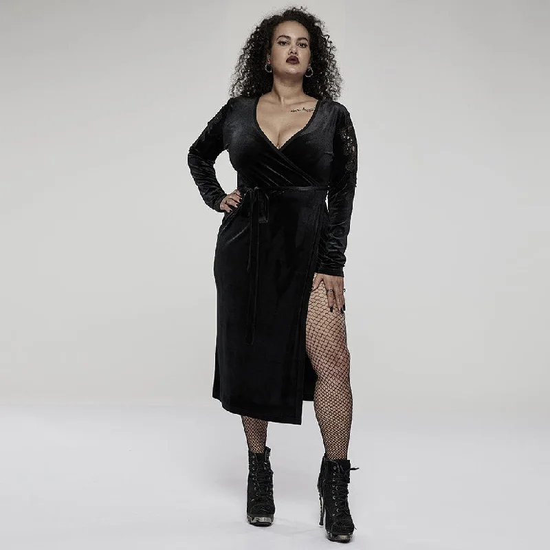 Formal Long Sleeves Lace-Up DressWomen's Plus Size Gothic V-neck Side Slit Long Sleeved Velet Dress