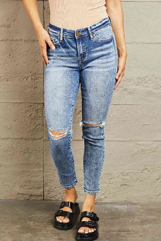 women's denim jeans with animal printsBAYEAS Mid Rise Distressed Skinny Jeans