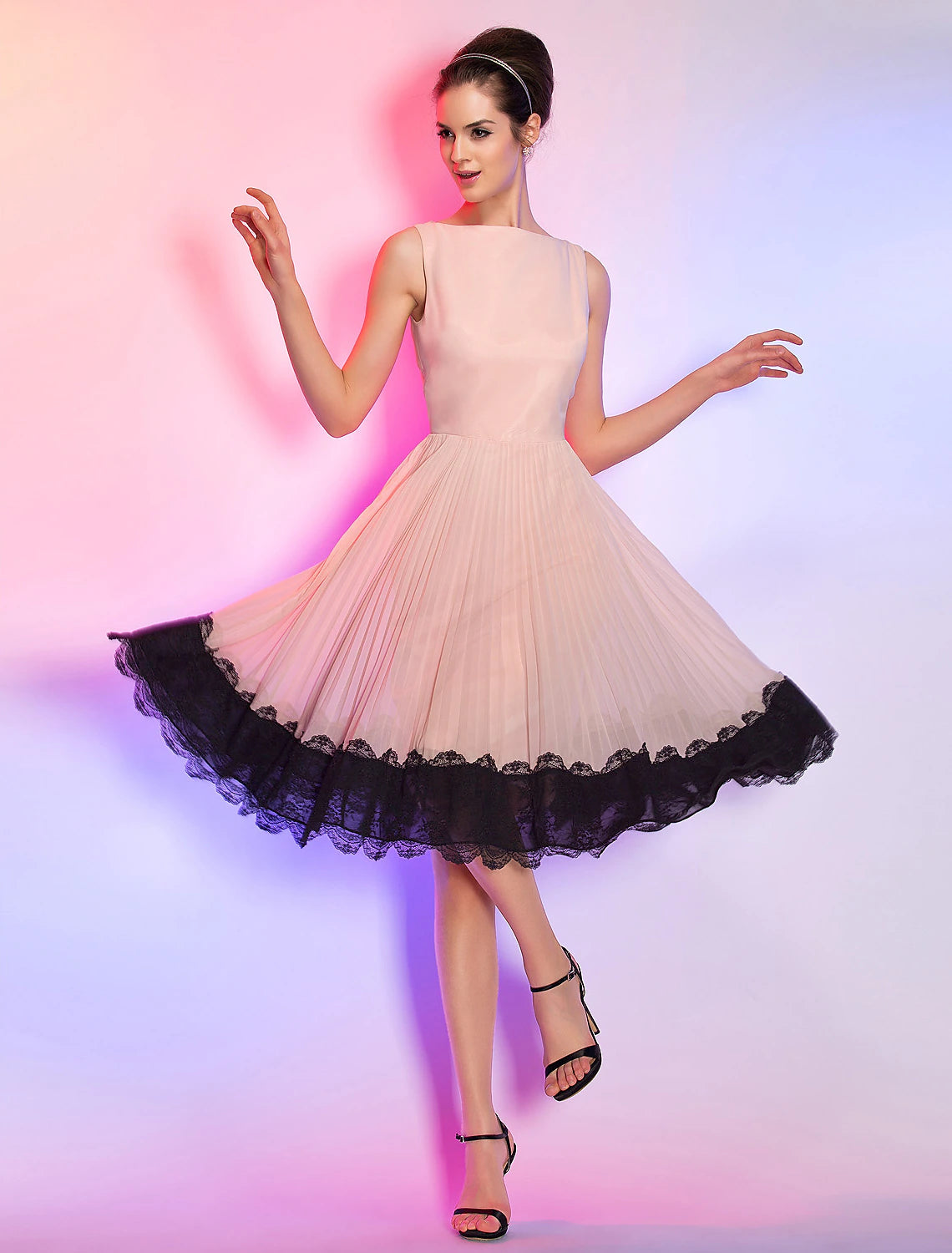 polyester party dressesA-Line Cute Dress Homecoming Knee Length Sleeveless Boat Neck Pink Dress Chiffon with Lace