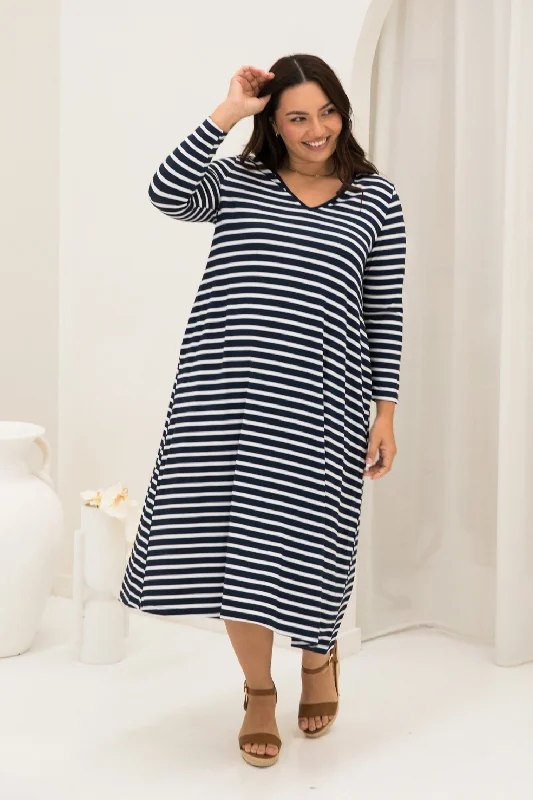 Full-Body Long Sleeves DressLong Sleeve T-Shirt Dress | Navy/White Stripe