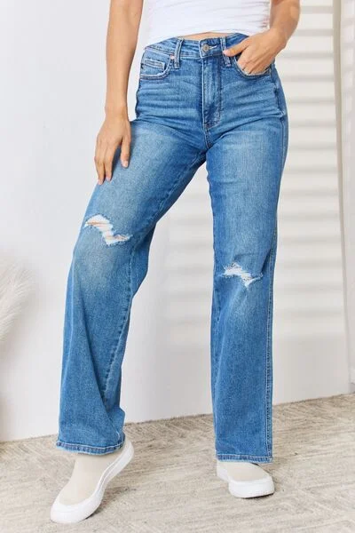 women's denim jeans with sequinsJudy Blue Full Size High Waist Distressed Straight-Leg Jeans