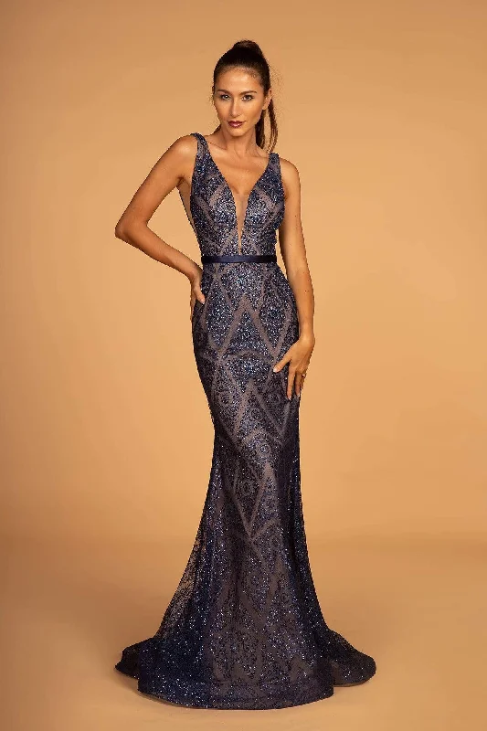 Formal Dress for Masquerade BallsElizabeth K - Embellished Plunging V-Neck Trumpet Gown GL2646 - 1 pc Navy in Size XL Available