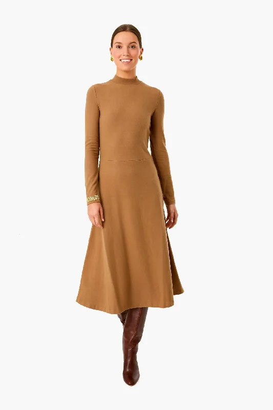 Fitted Long Sleeves High-Low DressSand Shell Long Sleeve Mock Neck Dress