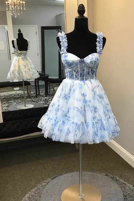 peplum party dressesDingJiDress Elegant A-Line Homecoming Dress Straps Blue Floral Print Tulle Graduation Dresses