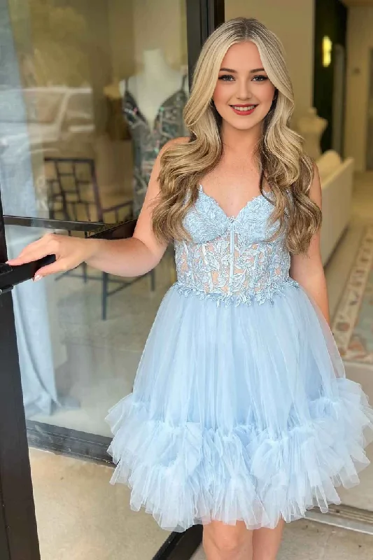 sweetheart-neck party dressesDingJiDress Homecoming Dresses Light Blue Strapless Applique Ruffle Graduation Dresses