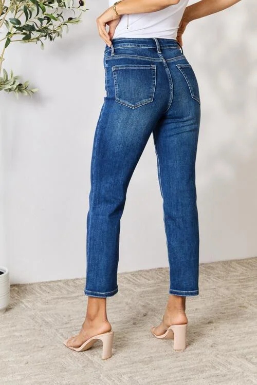 women's denim jeans with functional pocketsBAYEAS Cropped Straight Jeans