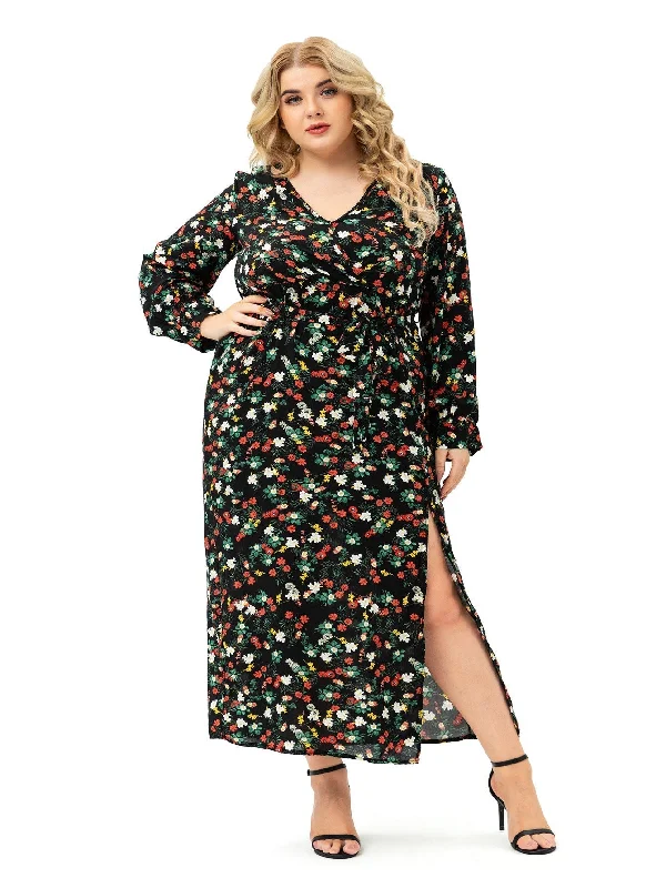 Fabulous Long Sleeves Babydoll DressKittenAlarm - Plus size Long Sleeve V neck Slit Printd Dress