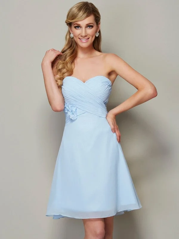 cocktail party dressesA-Line/Princess Sweetheart Sleeveless Hand-Made Flower Short Chiffon Homecoming Dresses