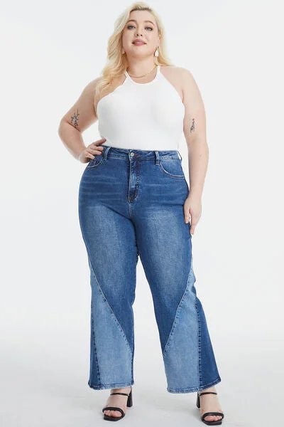 women's denim jeans for casual wearBAYEAS Full Size High Waist Two-Tones Patched Wide Leg Jeans