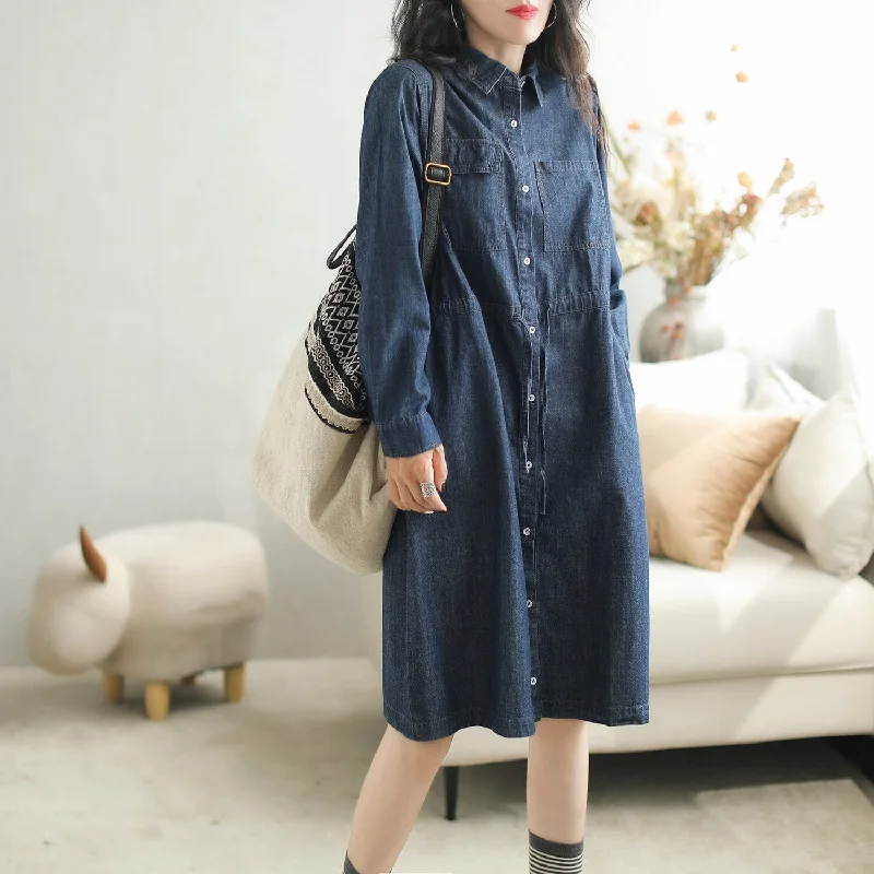 Formal Long Sleeves Lace-Up DressAutumn Casual Fashion Long Sleeve Denim Dress