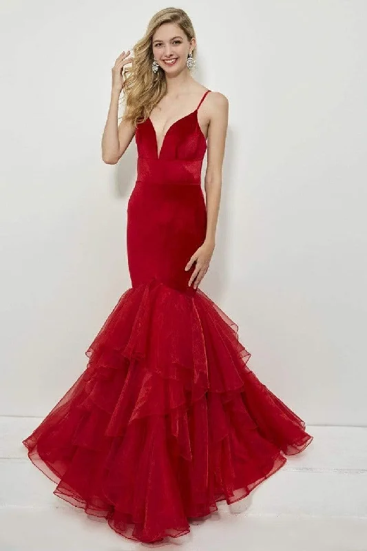 Formal Dress for Bat MitzvahsAngela & Alison - 81091 Sleeveless V-neck Tiered Mermaid Gown - 1 pc Crimson In Size 2 Available