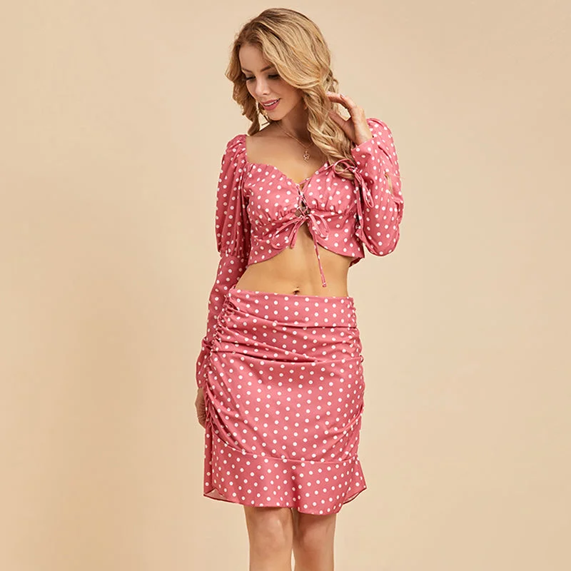 Flowery Long Sleeves Peplum DressKittenAlarm - Women fashion Polka dot four-way stretch dress long sleeve Crop Tee & Skirt Set