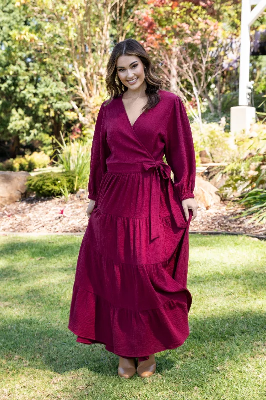 Fashionable Long Sleeves DressLong Sleeve Ruffle Wrap Dress | Mahogany | FINAL SALE