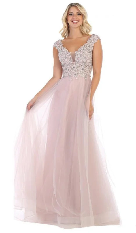 Formal Dress for Oscar NightsMay Queen - Floral Applique Plunging V-Neck Gown RQ7645 - 1 pc Mauve In Size 20 Available