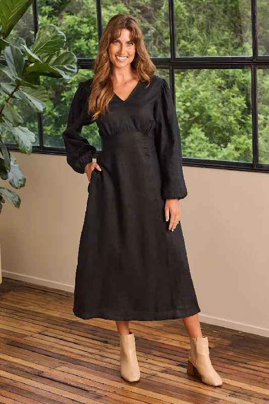 Full-Length Long Sleeves Formal GownFarrah Long Sleeve Linen Dress in Black