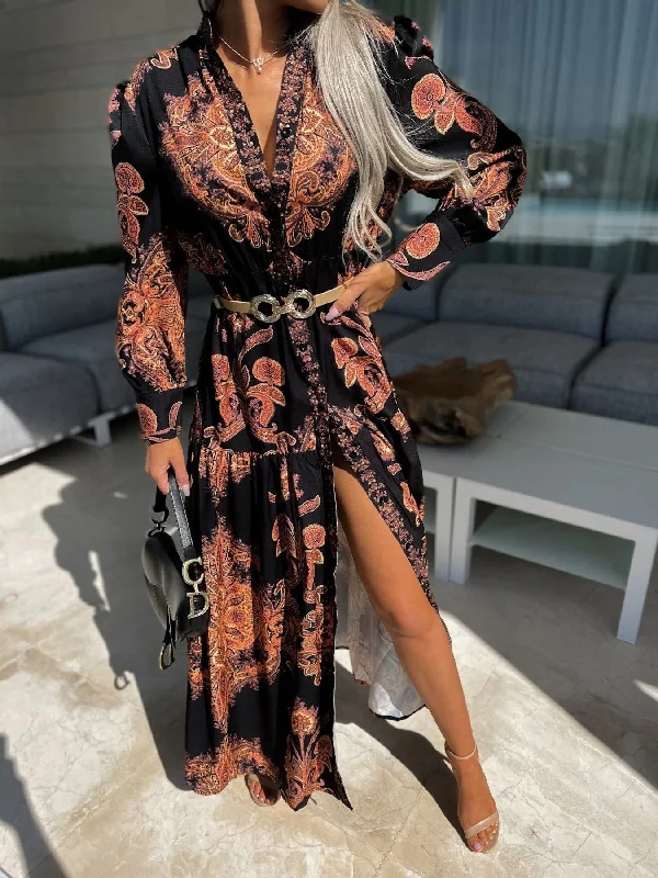 Flexible Long Sleeves Bridesmaid DressVintage Print Long Sleeve Slit Dress