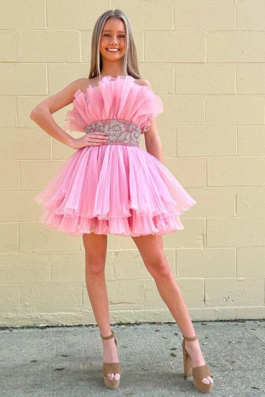 mother-of-the-bride party dressesDingJiDress Pink Homecoming Dress Strapless Ruffle Pleated Short Dress with Beaded Band Waist Graduation Dresses