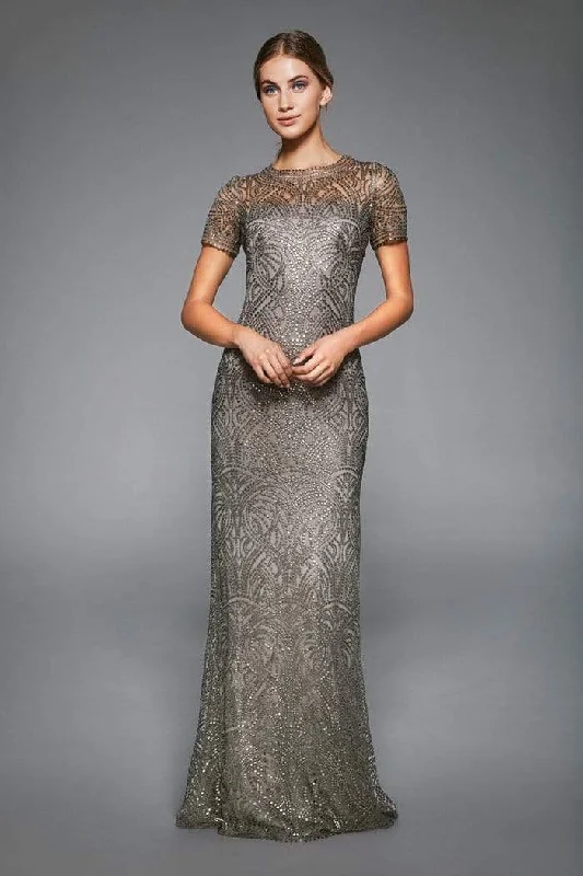 Formal Dress for Religious CeremoniesTadashi Shoji - Sequined Illusion Jewel Sheath Gown - 1 pc Smoke Pearl In Size 16 Available