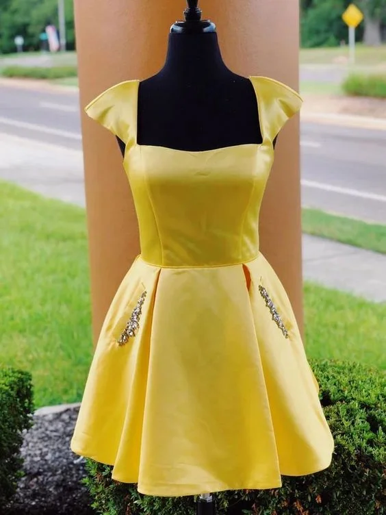 vintage party dressesShort Yellow Square Neckline Homecoming Dress