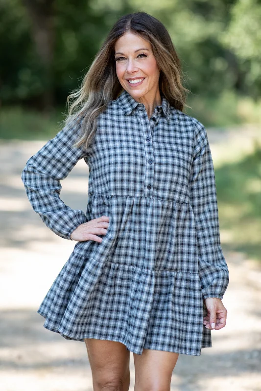 Fabulous Long Sleeves Party DressBlack and Grey Gingham Long Sleeve Dress