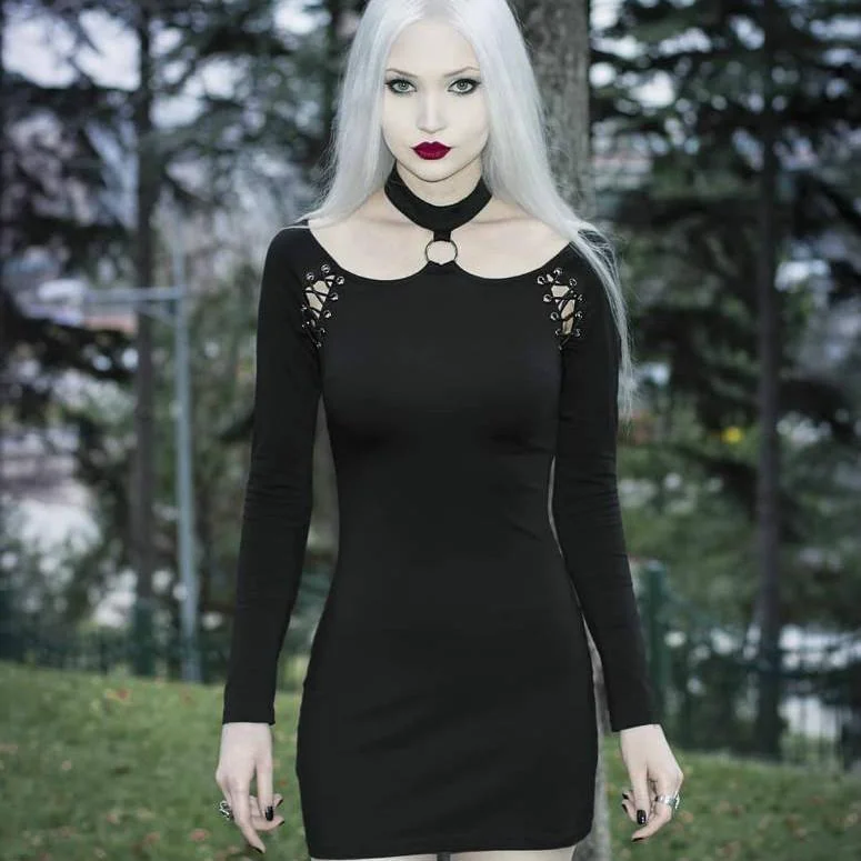 Fancy Lace Overlay Long Sleeves DressWomen's Goth Halterneck Long Sleeved Black Little Dress