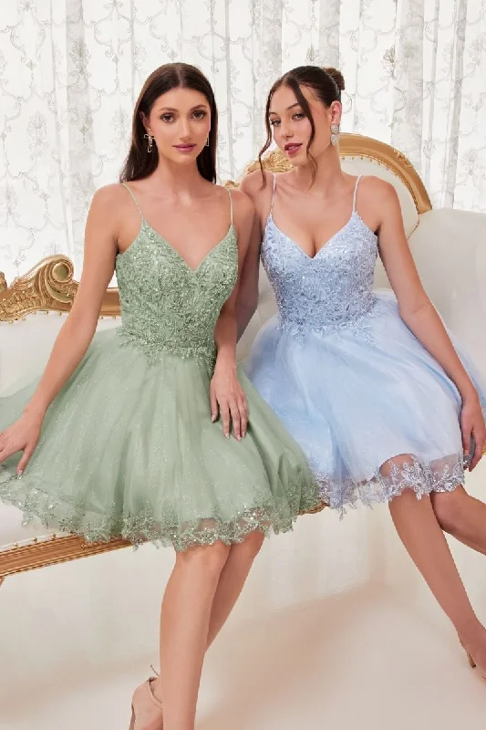 chiffon party dressesSpaghetti Straps A-Line Lace Tulle Shord Cocktail & Homecoming Dress CDCD0213