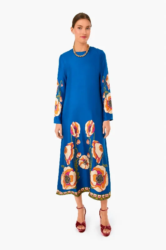 Full Length Long Sleeves DressPoppies Blue Placee Long Sleeve Swing Dress