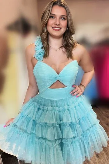 ball gown party dressesDingJiDress A-Line Homecoming Dress One Shoulder Light Blue Layered Tulle Graduation Dresses