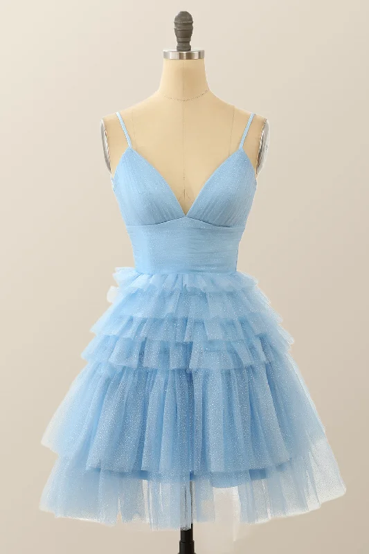 sweetheart-neck party dressesStraps Blue Tiered Ruffle Short A-line Homecoming Dress