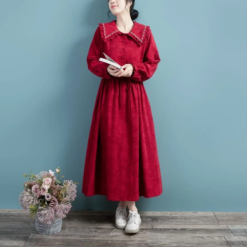 Fuzzy Long Sleeves Velvet DressSpring Cotton Linen Long Sleeve Solid Embroidery Dress