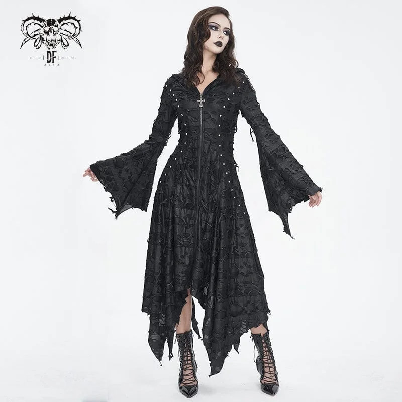 Fabulous Long Sleeves DressWomen's Gothic Irregular Ripped Long Sleeved Hem Dress with Hood