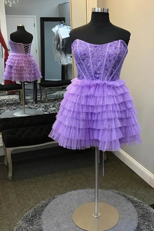 lace-up party dressesDingJiDress Homecoming Dress Purple Strapless Multi-Layer with Lace-up