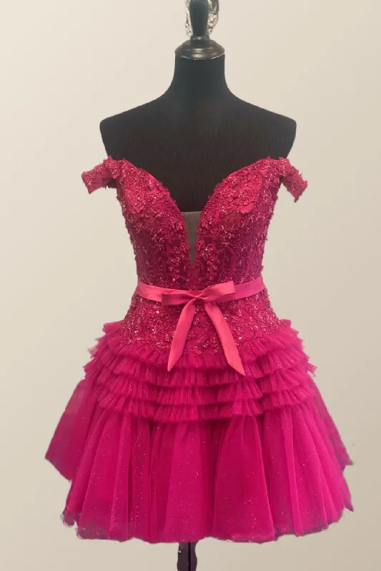 homecoming party dressesOff the Shoulder Fuchsia Appliques A-line Homecoming Dress