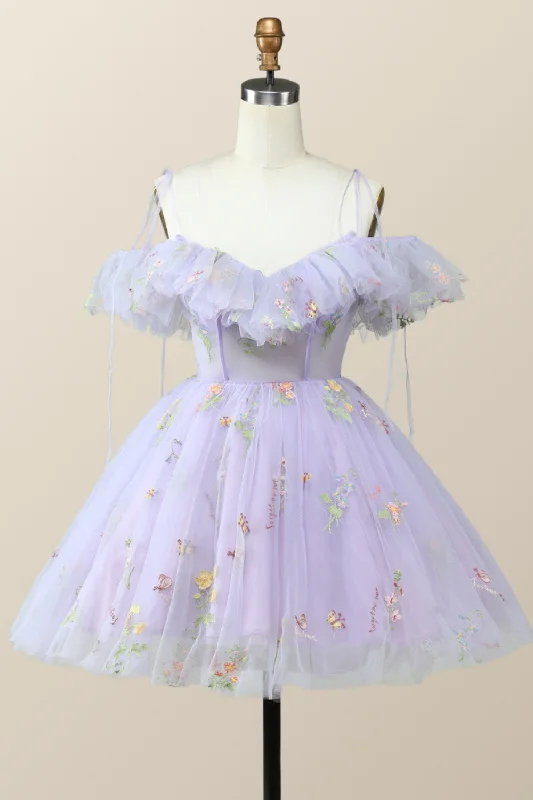 illusion-sleeve party dressesStraps Lavender Floral A-line Short Homecoming Dress