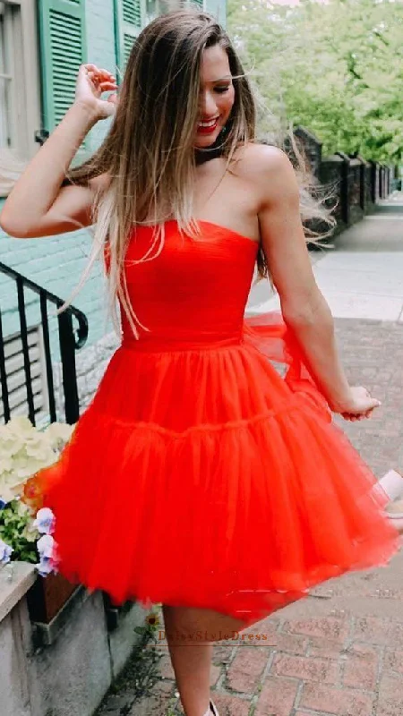 bold color party dressesShort Red Tulle Homecoming Dress