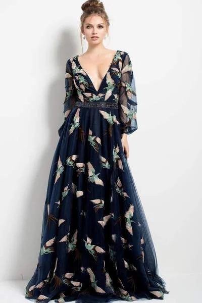 Formal Dress for Opera NightsJovani - Deep V-Neck Long Sleeved Gown 55717 - 1 Pc Navy in Size 24 Available