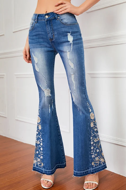 women's denim jeans with buttonsFull Size Flower Embroidery Distressed Jeans