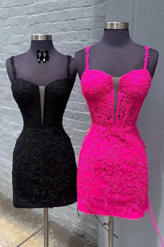 chic party dressesDingJiDress Homecoming Dress Fuchsia Spaghetti Straps Applique Tight Graduation Dresses