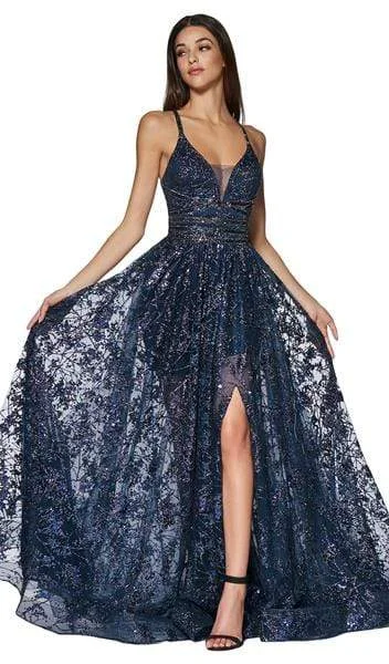 Formal Dress for GraduationsCinderella Divine - Glitter Print A-Line Gown with Slit CM9015 - 1 pc Navy in Size 10 Available