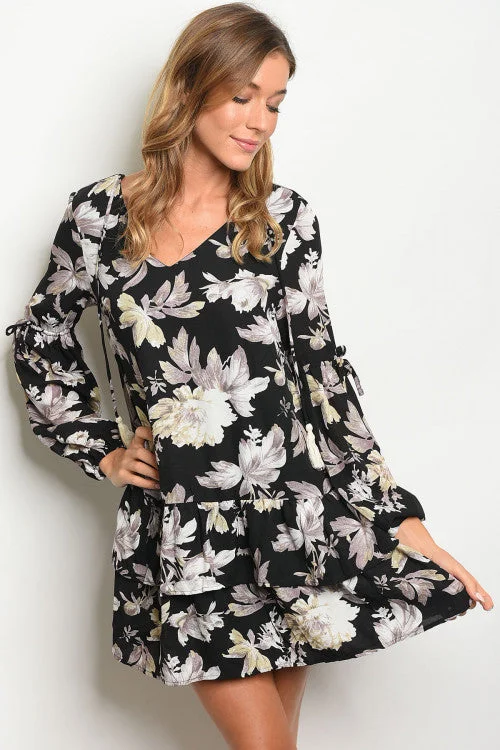 Fuzzy Long Sleeves DressBlack Floral Long Sleeve Tunic Dress