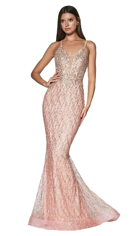 Formal Dress for Black Tie EventsCinderella Divine - Sleeveless V-Neck Glitter Lace Mermaid Gown ML934